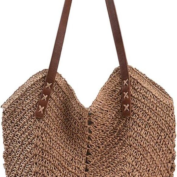 Hand-woven Straw Shoulder Bag Large Boho Tote Summer Beach Rattan - Picture 1 of 9
